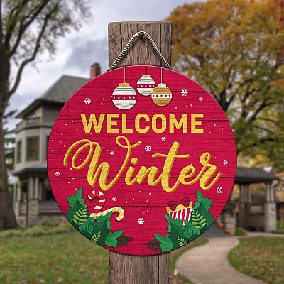 Welcome Winter Sign Winter Welcome Door Hanger Christmas Decorative Circle Wooden Door Sign - Front Porch Sign