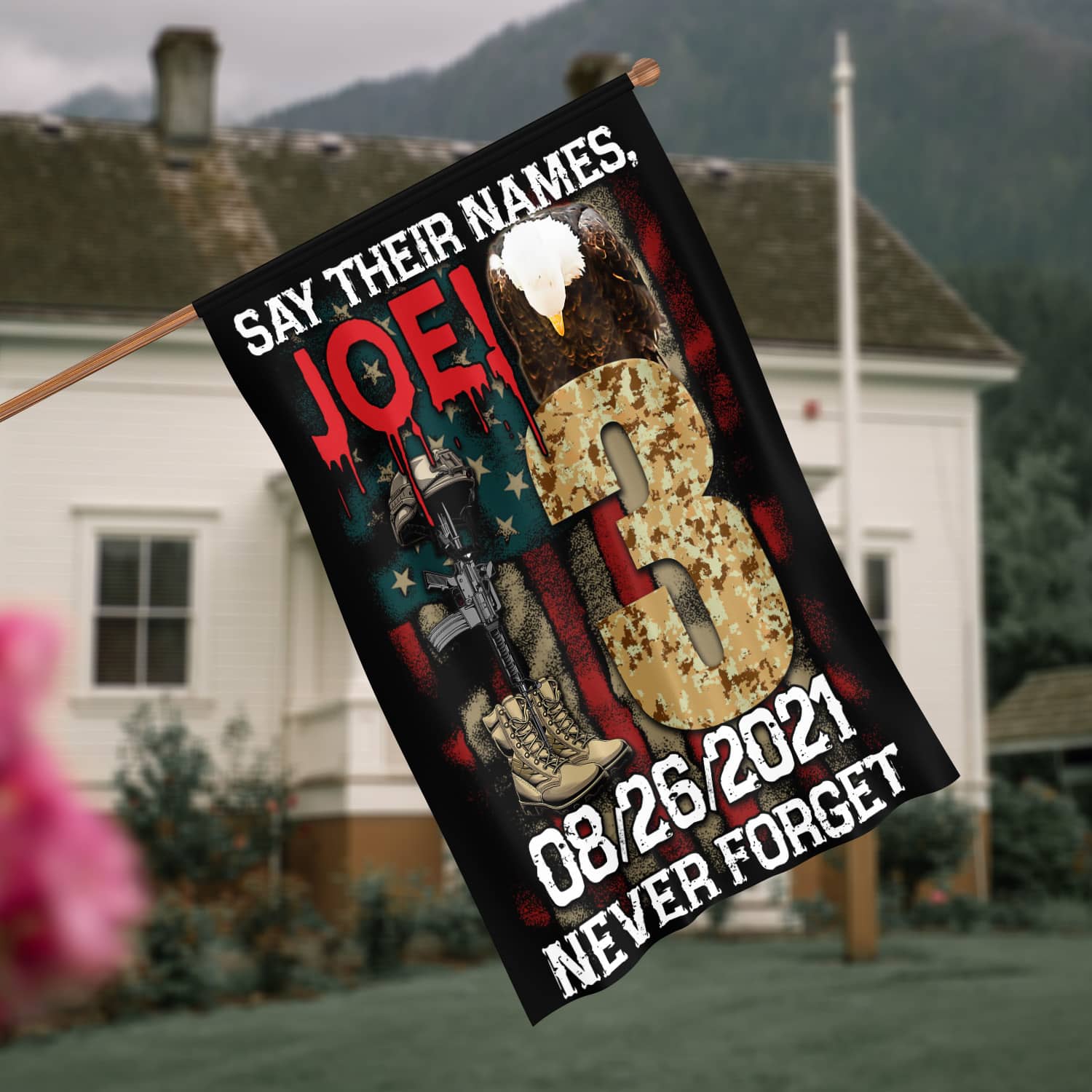 3KT. Say Their Names, Joe 30x40 House Flag Mockup 4