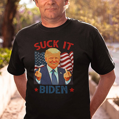 Alternative view of Trump Middle Finger Suck It Biden Funny T-Shirt - Pro Trump Anti Biden Shirt