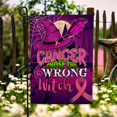 Alternative view of Breast Cancer Awareness Cancer Chose The Wrong Witch Halloween Sign Flag - Halloween Pumpkin Breast Cancer Awareness Garden House Flag