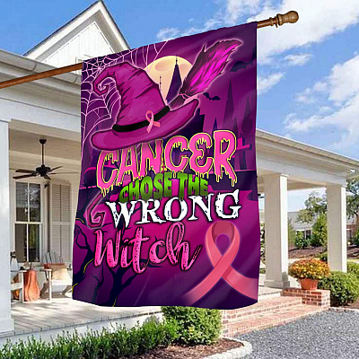 Breast Cancer Awareness Cancer Chose The Wrong Witch Halloween Sign Flag - Halloween Pumpkin Breast Cancer Awareness Garden House Flag