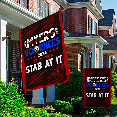 Alternative view of Vote Michael Halloween Myers Vooheers 2024 Election Garden Flag - Scary Halloween Myers Voorhees Let Us Take A Stab At It Flag