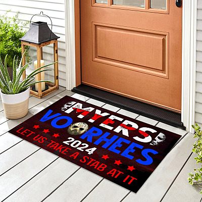 Alternative view of Vote Michael Halloween Myers Vooheers 2024 Election Doormat - Scary Halloween Myers Voorhees Let Us Take A Stab At It Doormat