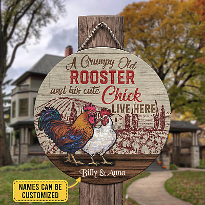 Alternative view of Personalized A Grumpy Old Rooster And His Cute Chick Live Here Wooden Door Sign - Front Porch Sign Outdoor Decor