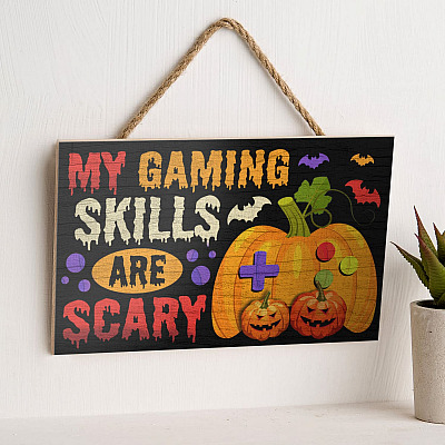 Alternative view of My Gaming Skills Are Scary Funny Halloween Decorative Rectangle Wooden Door Sign - Gamer Door Sign for Kids
