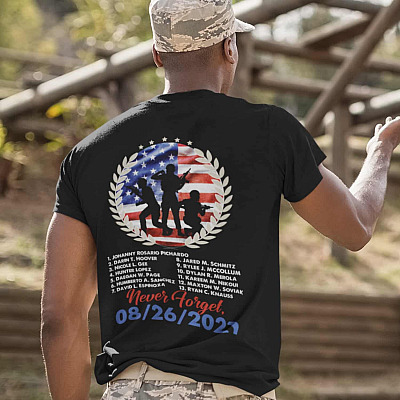 Alternative view of Names Of 13 Fallen Soldiers Never Forget 08/26/2021 Print On Back T-Shirt - Tribute 13 Heroes Kabul Afghanistan Shirt