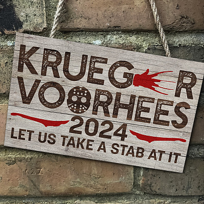 Alternative view of Krueger Voorhees 2024 Let Us Take A Stab At It Decorative Rectangle Wooden Door Sign - Front Porch Sign Decor