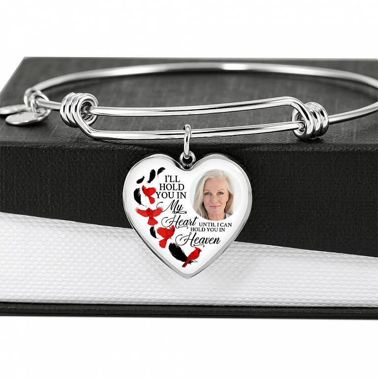 Custom Photo Memorial Cardinal Heart Necklace - I'll Hold You in My Heart Personalized Photo Engraving Memorial Heart Necklace