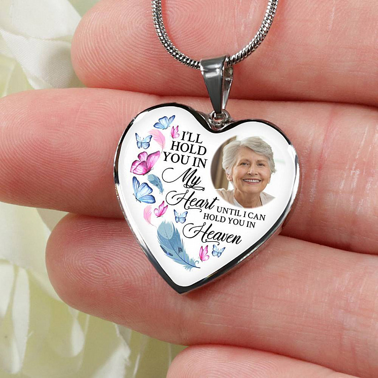 Custom Photo Memorial Butterfly Heart Necklace - I'll Hold You in My Heart Personalized Photo Engraving Memorial Heart Necklace