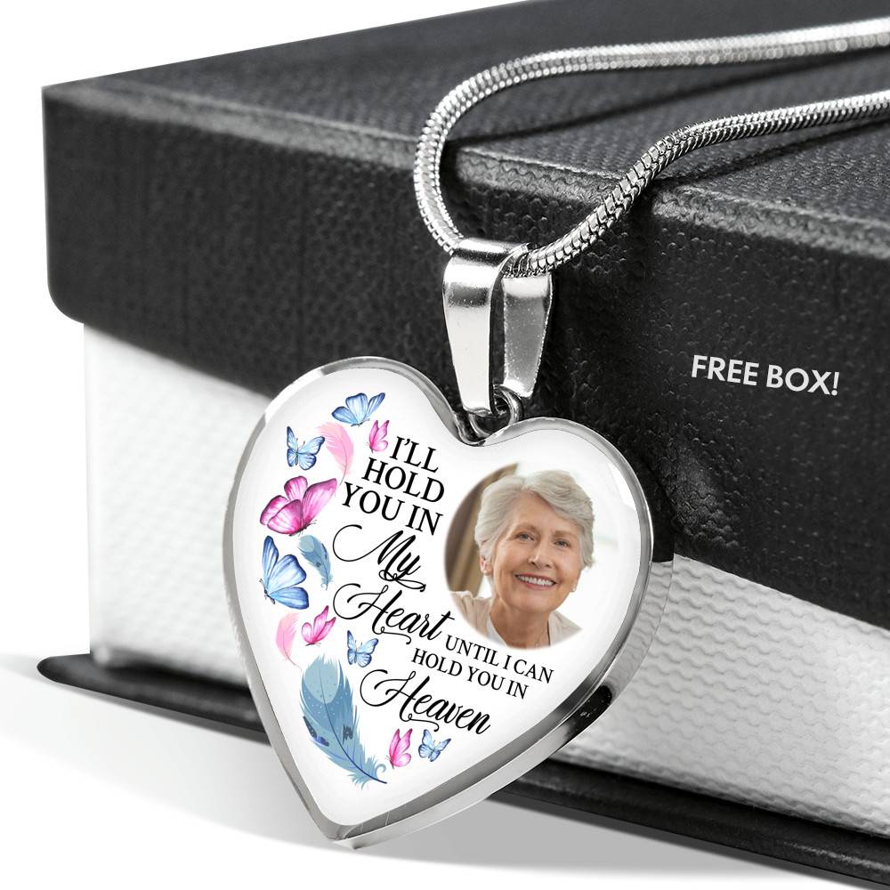 Custom Photo Memorial Butterfly Heart Necklace - I'll Hold You in My Heart Personalized Photo Engraving Memorial Heart Necklace