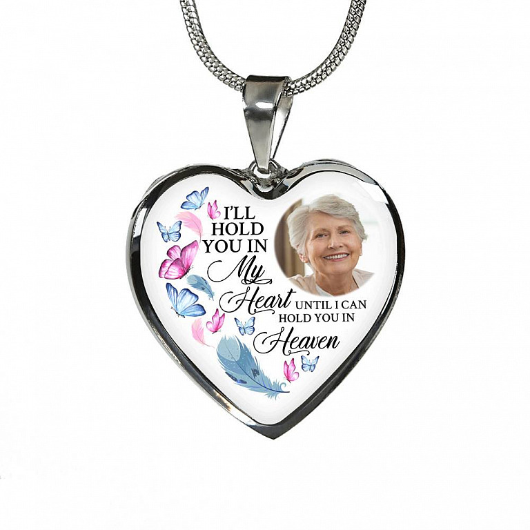 Custom Photo Memorial Butterfly Heart Necklace - I'll Hold You in My Heart Personalized Photo Engraving Memorial Heart Necklace