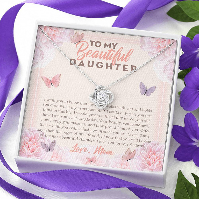 To My Beautiful Daughter My Hearts Walks With You Love Knot Necklace - Daughter Necklace From Mom
