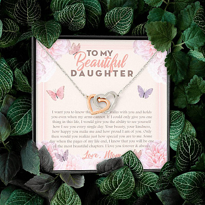 To My Beautiful Daughter My Hearts Walks With You Interlocking Hearts Pendant Necklace - Mom Daughter Gifts