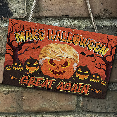 Alternative view of Trump Make Halloween Great Again Decorative Rectangle Wooden Door Sign - Front Porch Sign Decor