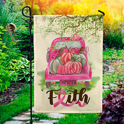 Breast Cancer Awareness Truck Pumpkin Faith Think Pink Ribbon Decorative Garden Flag - Indoor Outdoor Flag - House Flag
