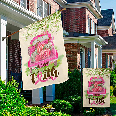 Alternative view of Breast Cancer Awareness Truck Pumpkin Faith Think Pink Ribbon Decorative Garden Flag - Indoor Outdoor Flag - House Flag