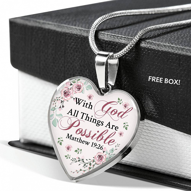With God All Things Are Possible Mathew 19 26 Christian Heart Pendant Necklace for Women