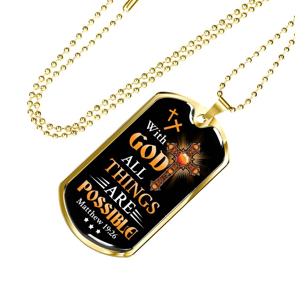 With God All Things Are Possible Mathew 19 26 Christian Dog Tag Pendant Necklace for Men