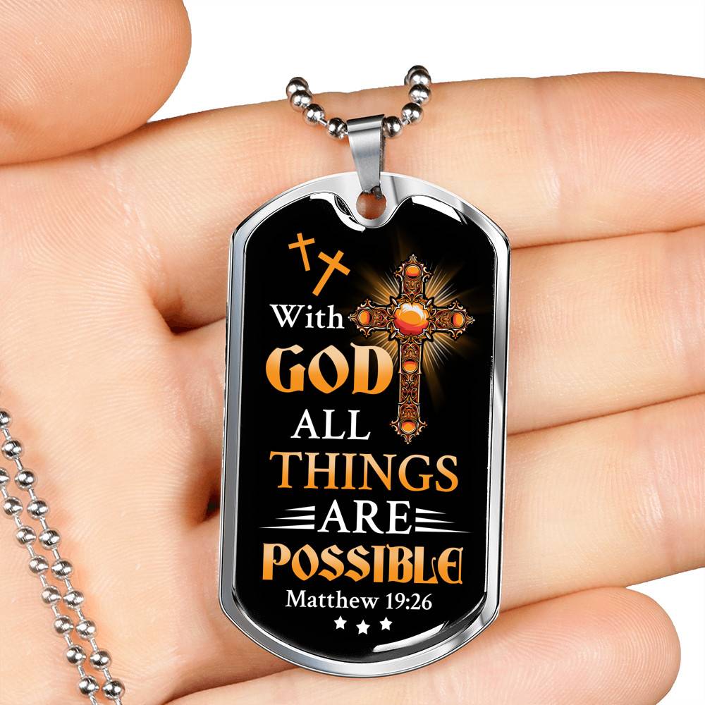 With God All Things Are Possible Mathew 19 26 Christian Dog Tag Pendant Necklace for Men