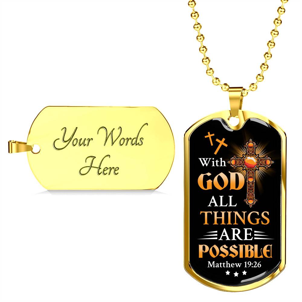 With God All Things Are Possible Mathew 19 26 Christian Dog Tag Pendant Necklace for Men
