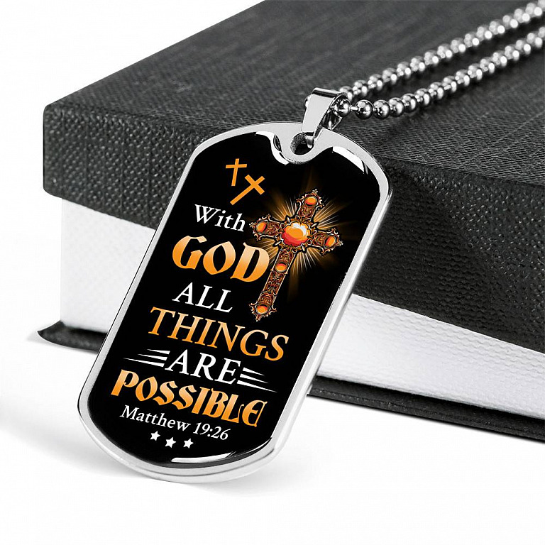 With God All Things Are Possible Mathew 19 26 Christian Dog Tag Pendant Necklace for Men