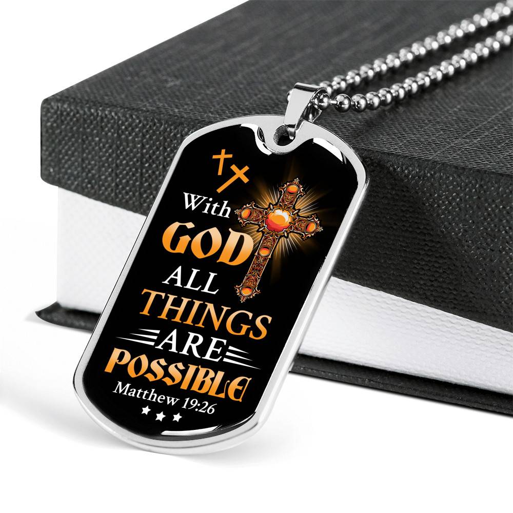 With God All Things Are Possible Mathew 19 26 Christian Dog Tag Pendant Necklace for Men