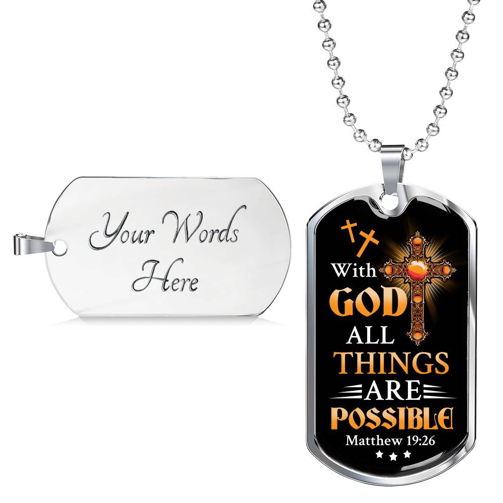 With God All Things Are Possible Mathew 19 26 Christian Dog Tag Pendant Necklace for Men