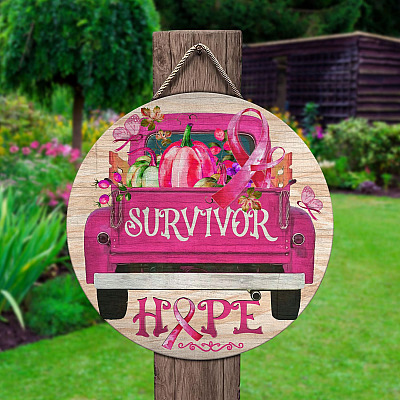 Alternative view of Breast Cancer Awareness Pink Truck Decorative Circle Wooden Door Sign - Front Porch Sign Indoor Outdoor Decor Farmhouse
