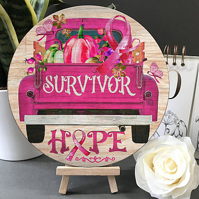 Breast Cancer Awareness Pink Truck Decorative Circle Wooden Door Sign - Front Porch Sign Indoor Outdoor Decor Farmhouse