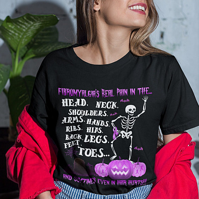 Alternative view of Fibromyalgia's A Real Pain In The Head Neck Shoulder Arms Funny Skull T-Shirt - V-Neck Shirt