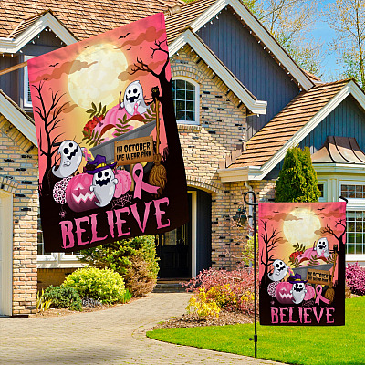 Alternative view of Halloween Pumpkin Boo Cancer In October We Wear Pink Flag - Breast Cancer Awareness Cancer Chose The Wrong Witch Halloween Sign Flag