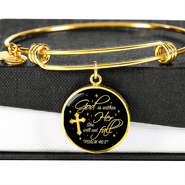 Cross God Is Within Her She Will Not Fall Psalm 46 5 Christian Circle Pendant Necklace - Bangle