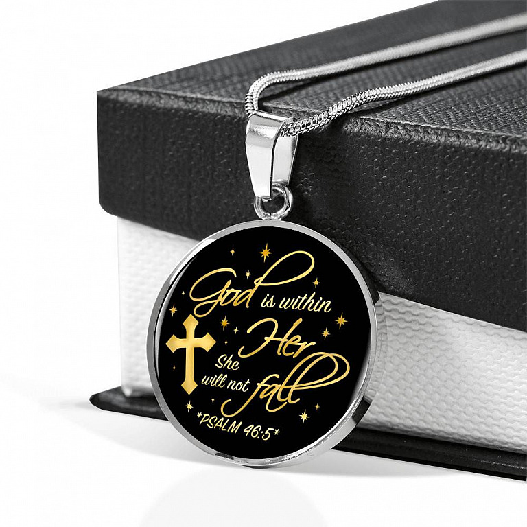 Cross God Is Within Her She Will Not Fall Psalm 46 5 Christian Circle Pendant Necklace - Bangle