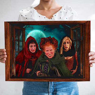 Alternative view of Funny Sanderson Sisters 3D Window Gallery Wrapped Canvas Print - Hocus Pocus 3D Wall Art - Poster - Halloween Gift