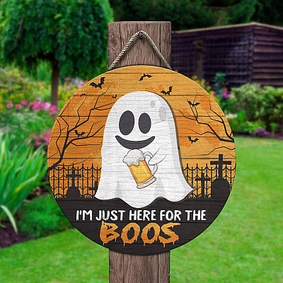 Alternative view of I'm Just Here For The Boos Circle Wooden Door Sign - Boo Ghost Drinking Beer Front Porch Sign Indoor Outdoor Decor