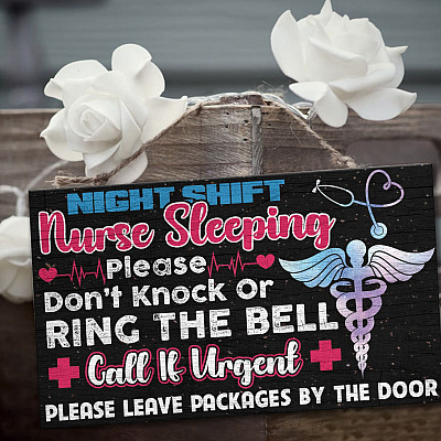 Alternative view of Night Shift Nurse Sleeping Please Don't Knock Or Ring The Bell Decorative Rectangle Wooden Door Sign