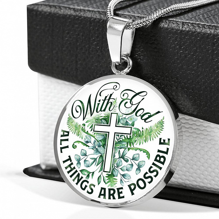 With God All Things Are Possible Flower Cross Circle Pendant Necklace