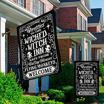 Alternative view of Welcome My Pretties To The Wicked Witch Inn Safe From Falling Houses Halloween Witch Garden Flag - House Flag