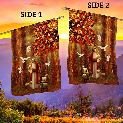 Alternative view of Fall Jesus Christian American Flag Outdoor Decorative Garden Flag - Vintage Forest House Flag