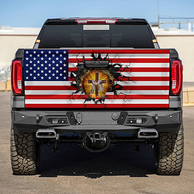 Jesus Cross Crack American Flag Truck Tailgate Decal Sticker Wrap - Vinyl Graphic Decal Bumper Sticker