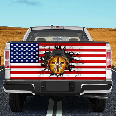 Alternative view of Jesus Cross Crack American Flag Truck Tailgate Decal Sticker Wrap - Vinyl Graphic Decal Bumper Sticker