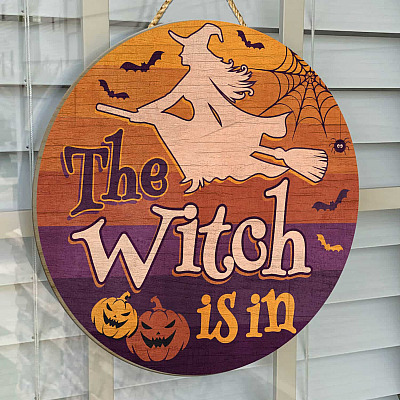Alternative view of The Witch Is In Circle Wooden Door Sign - Halloween Witches Indoor Outdoor Home Decor