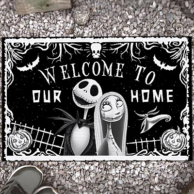 Welcome To Our Home Jack And Sally House Doormat - Funny Halloween Outdoor Indoor Doormat