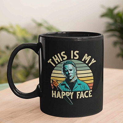 Michael Myers This Is My Happy Face Coffee Mug - Funny Halloween Horror Movie Travel Bottle