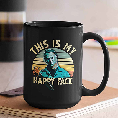Alternative view of Michael Myers This Is My Happy Face Coffee Mug - Funny Halloween Horror Movie Travel Bottle