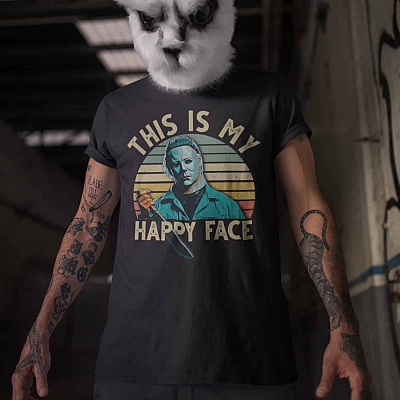 Alternative view of Michael Myers This Is My Happy Face T-shirt - V-neck - Funny Halloween Horror Movie Shirt