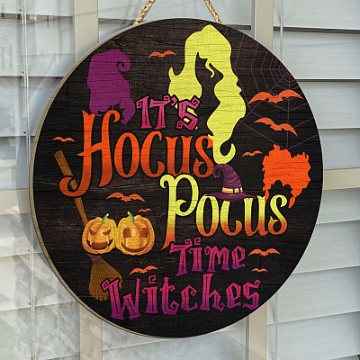Alternative view of It's Hocus Pocus Time Witches Wooden Door Sign - Three Witches Sandersons Sisters Halloween Front Porch Sign Decor