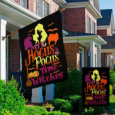Alternative view of It's Hocus Pocus Time Witches Garden Flag - Three Witches Sandersons Sisters Halloween House Flag