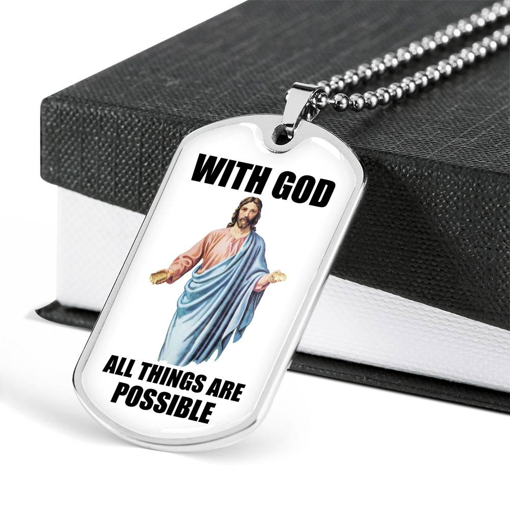 With God All Things Are Possible Jesus Dog Tag Pendant Necklace