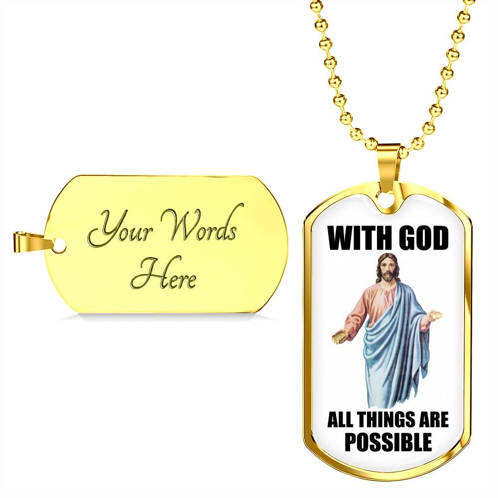 With God All Things Are Possible Jesus Dog Tag Pendant Necklace